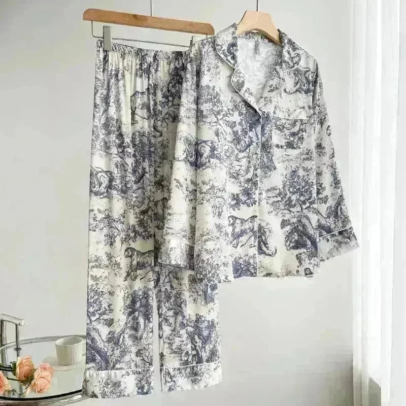 Women's Ice Silk Pajamas with New Ink Print Design: Long-Sleeved Homewear - EX-STOCK CANADA