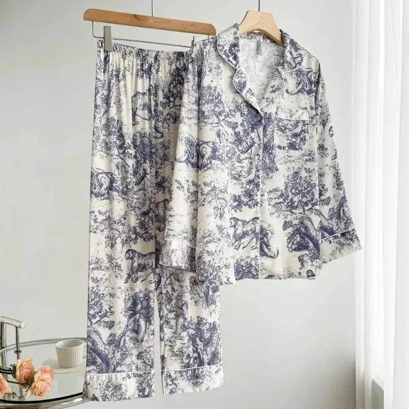Women's Ice Silk Pajamas with New Ink Print Design: Long-Sleeved Homewear - EX-STOCK Canada