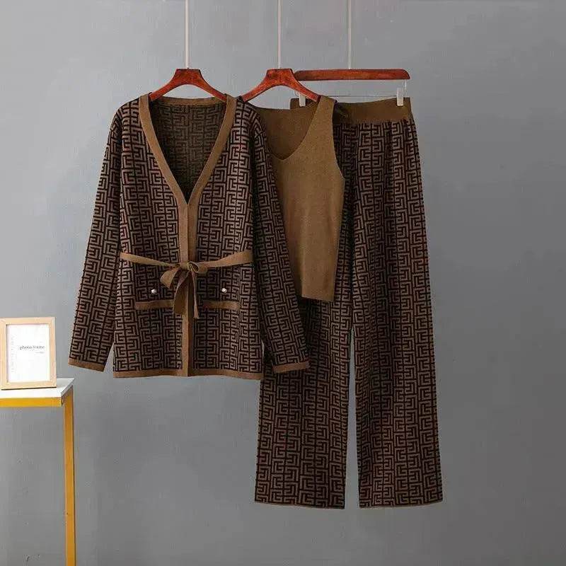 Women's Inverness V-neck Base Knitwear Wide-leg Trousers Three-piece Set - EX-STOCK Canada