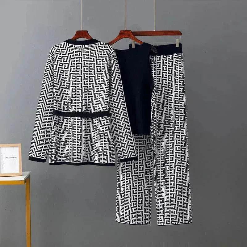 Women's Inverness V-neck Base Knitwear Wide-leg Trousers Three-piece Set - EX-STOCK Canada