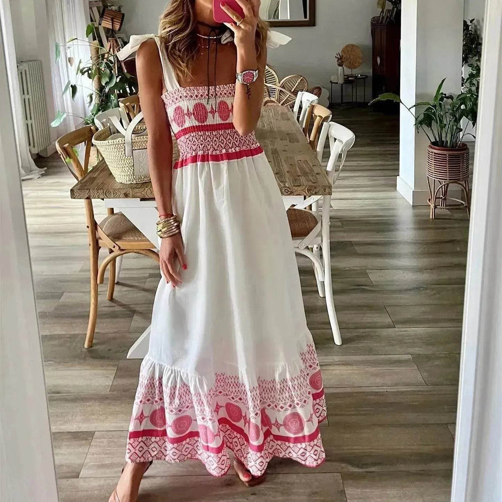 Women's Lace Up Printed Elastic Long Dress - EX-STOCK Canada