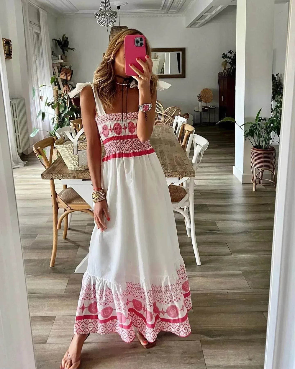Women's Lace Up Printed Elastic Long Dress - EX-STOCK Canada