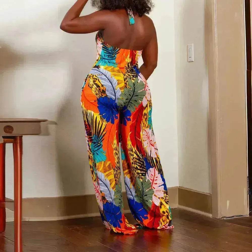 Women's Leaf Printed V-neck Jumpsuit - EX-STOCK Canada