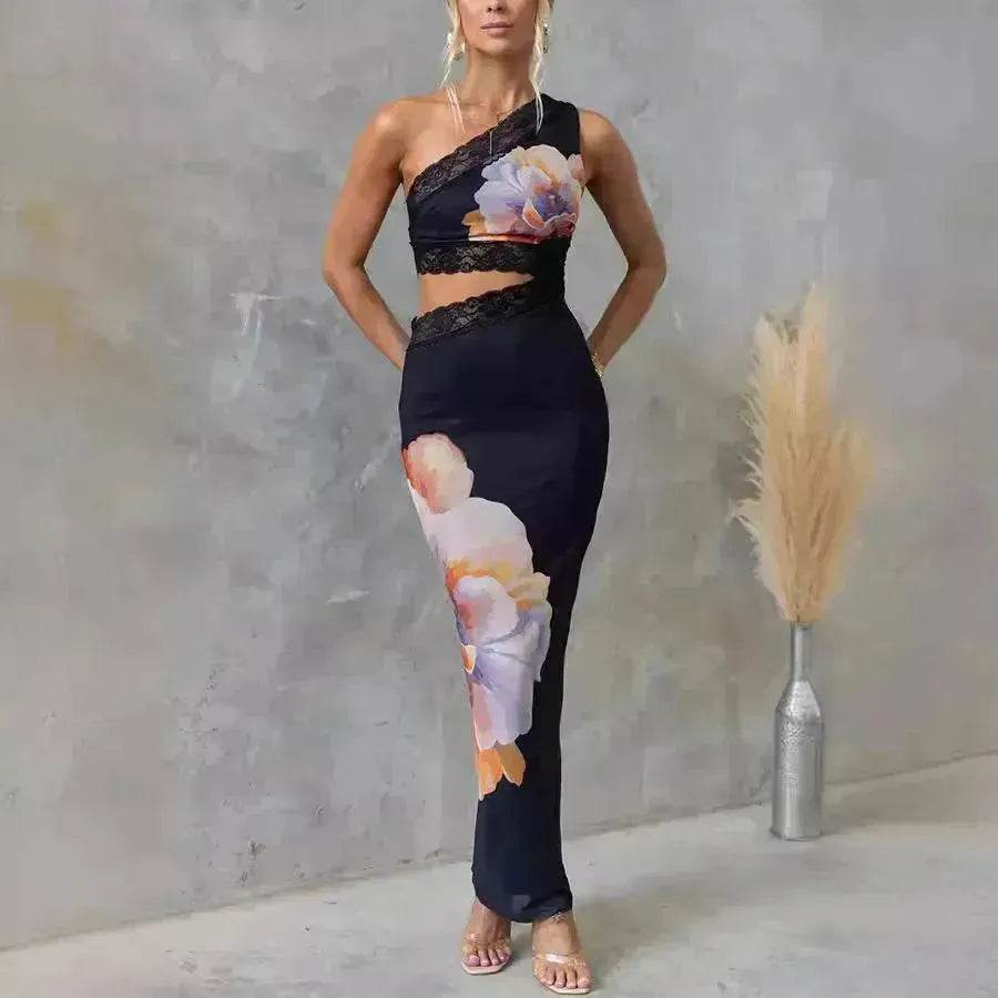 Women's One-shoulder Printed Voile Lace Slim Fit Two piece Dress - EX-STOCK Canada