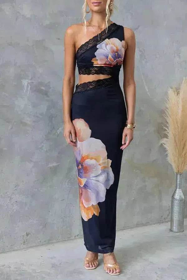 Women's One-shoulder Printed Voile Lace Slim Fit Two piece Dress - EX-STOCK Canada