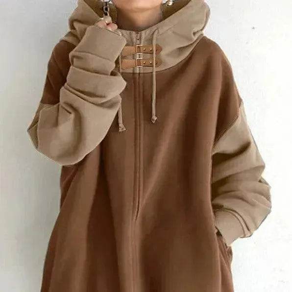 Women's Patchwork Color Loose Hooded Long-sleeve Zipper Sweater - EX-STOCK Canada