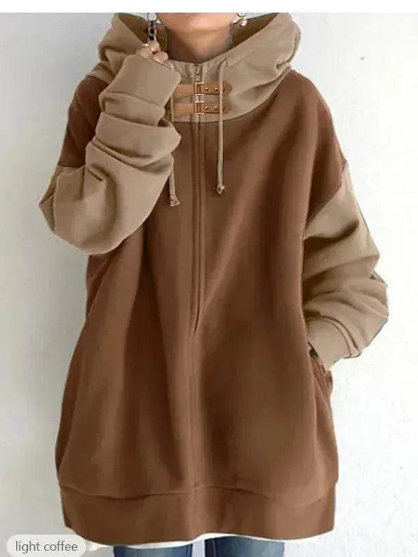 Women's Patchwork Color Loose Hooded Long-sleeve Zipper Sweater - EX-STOCK Canada
