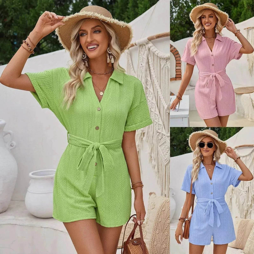 Women's Short-sleeved Shorts Jumpsuit Lace-up Turn-down Collar Solid Color Clothing Summer - EX-STOCK Canada