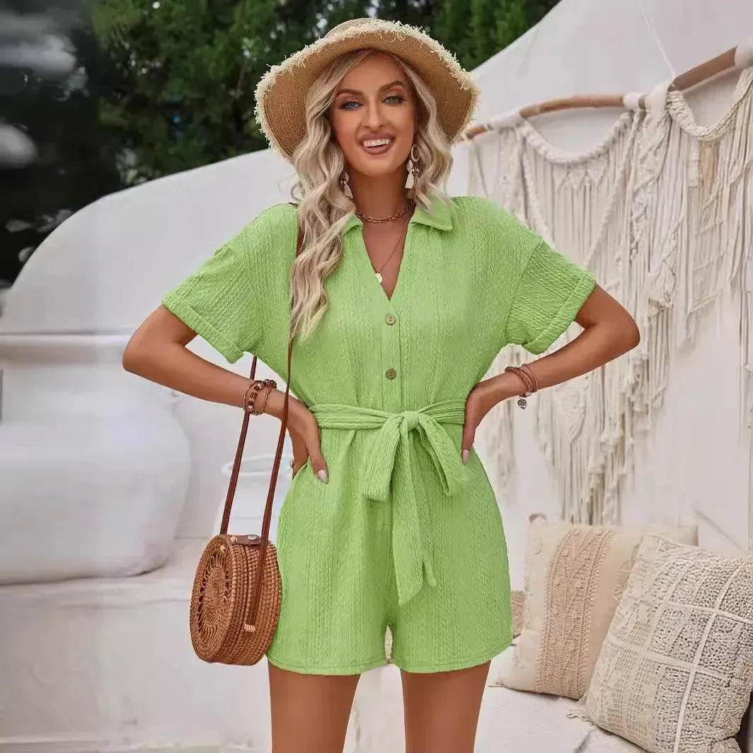 Women's Short-sleeved Shorts Jumpsuit Lace-up Turn-down Collar Solid Color Clothing Summer - EX-STOCK Canada