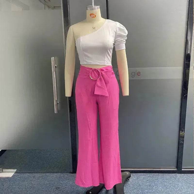Women's Shoulder Puff Sleeve Top Wide Leg Pants Two-piece Set - EX-STOCK Canada