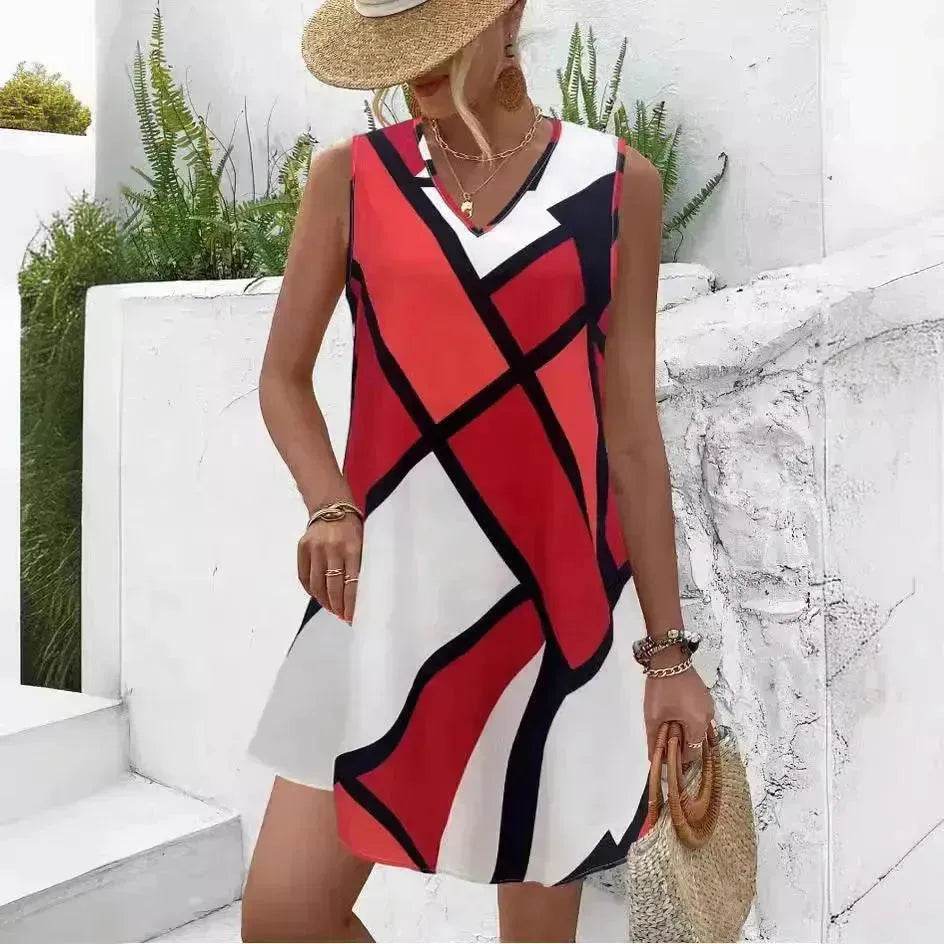 Women's Sleeveless V-neck Printed Loose Mini Dress - EX-STOCK Canada