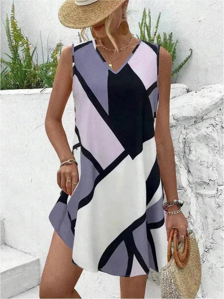 Women's Sleeveless V-neck Printed Loose Mini Dress - EX-STOCK Canada