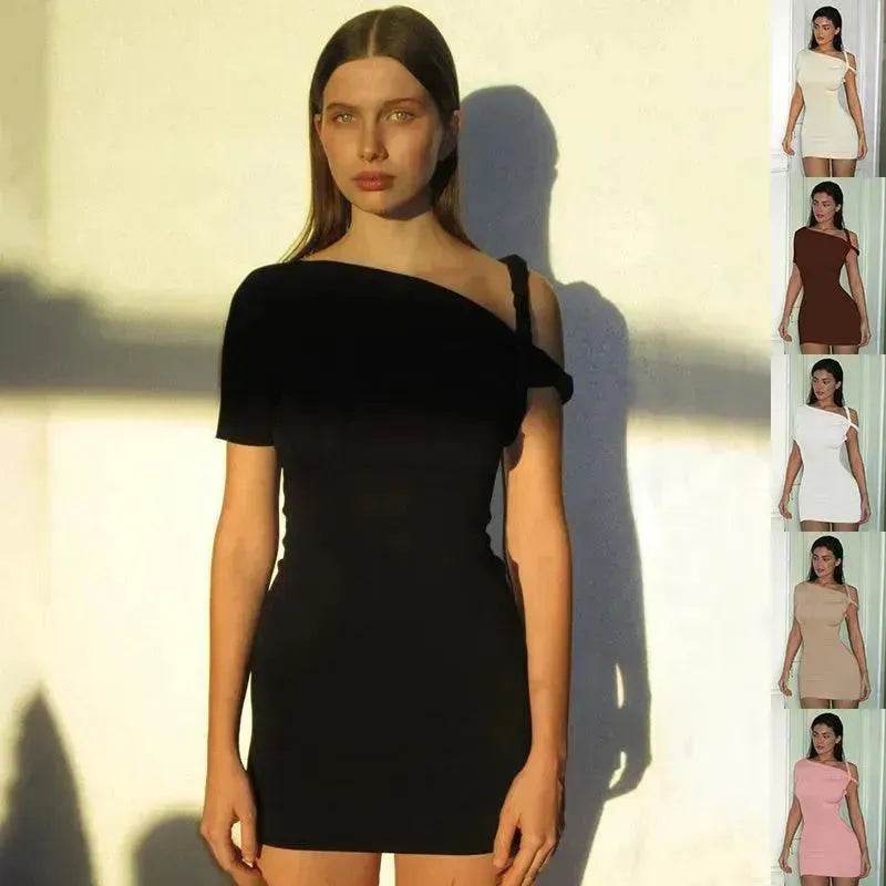 Women's Slim Hip Dress Summer Fashion One-shoulder Short Sleeve Solid Color Mini Dress - EX-STOCK Canada