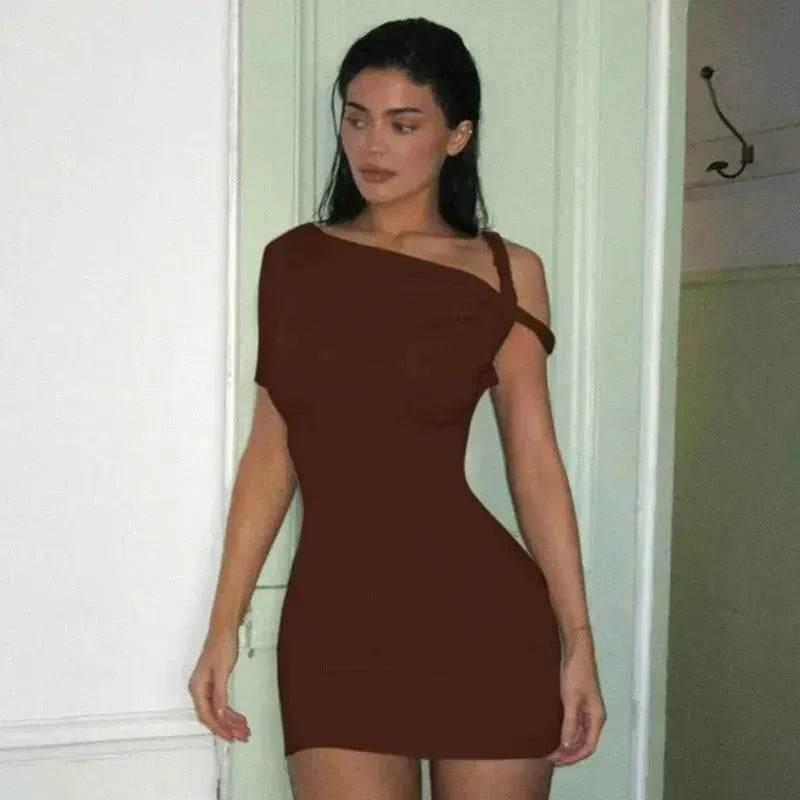 Women's Slim Hip Dress Summer Fashion One-shoulder Short Sleeve Solid Color Mini Dress - EX-STOCK Canada