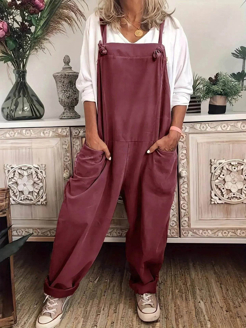 Women's Solid Color Casual Pocket Lace-up Adjustable Jumpsuit - EX-STOCK Canada