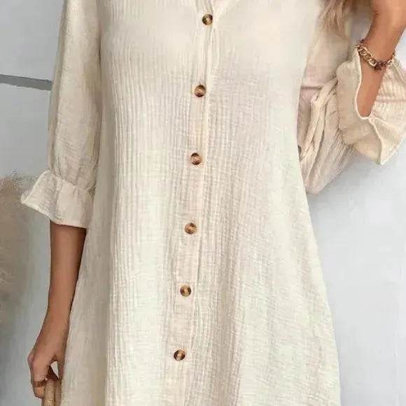 Women's Solid Color Cotton Ruffled Sleeve And Linen Breasted Loose Shirt Dress - EX-STOCK Canada