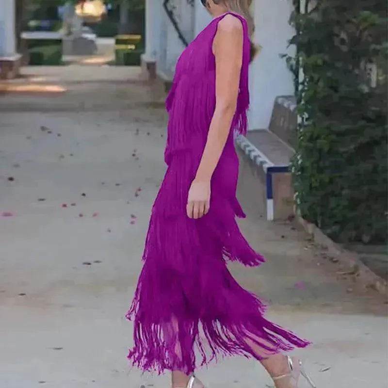 Women's Solid Color Diagonal Collar Multi-layer Tassel Stitching Design Dress - EX-STOCK Canada