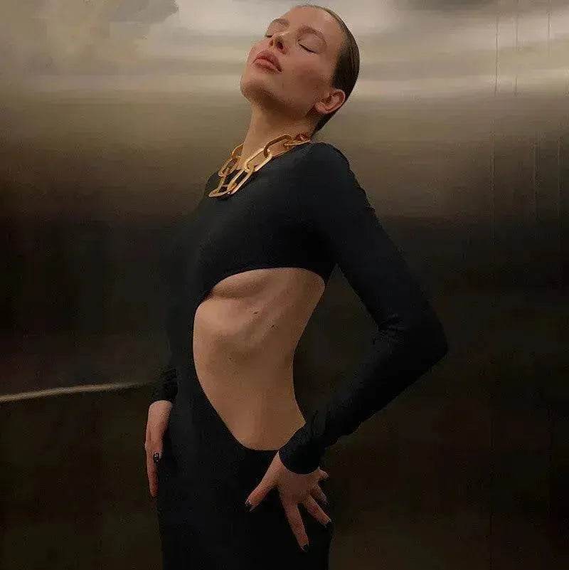 Women's Solid Color Long Sleeve O Neck Hollow Black Dress - EX-STOCK Canada