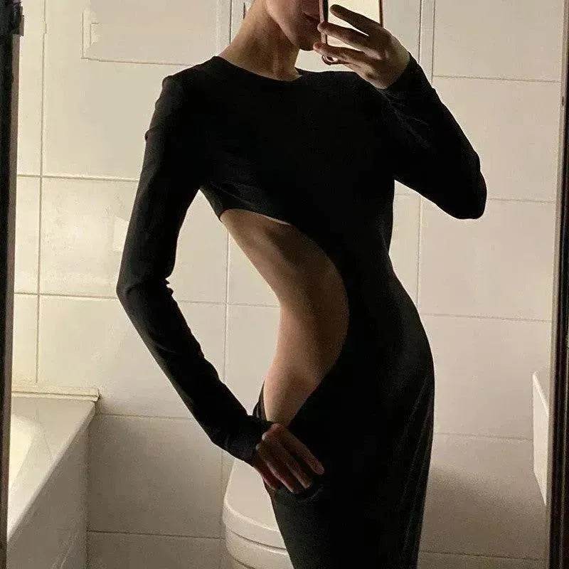 Women's Solid Color Long Sleeve O Neck Hollow Black Dress - EX-STOCK Canada