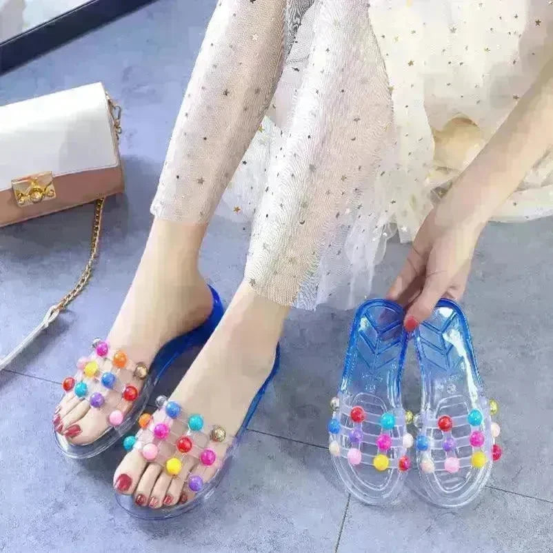 Women's Summer Crystal Pearl Outer Wear Soft Bottom Transparent Beach Shoes - EX-STOCK CANADA