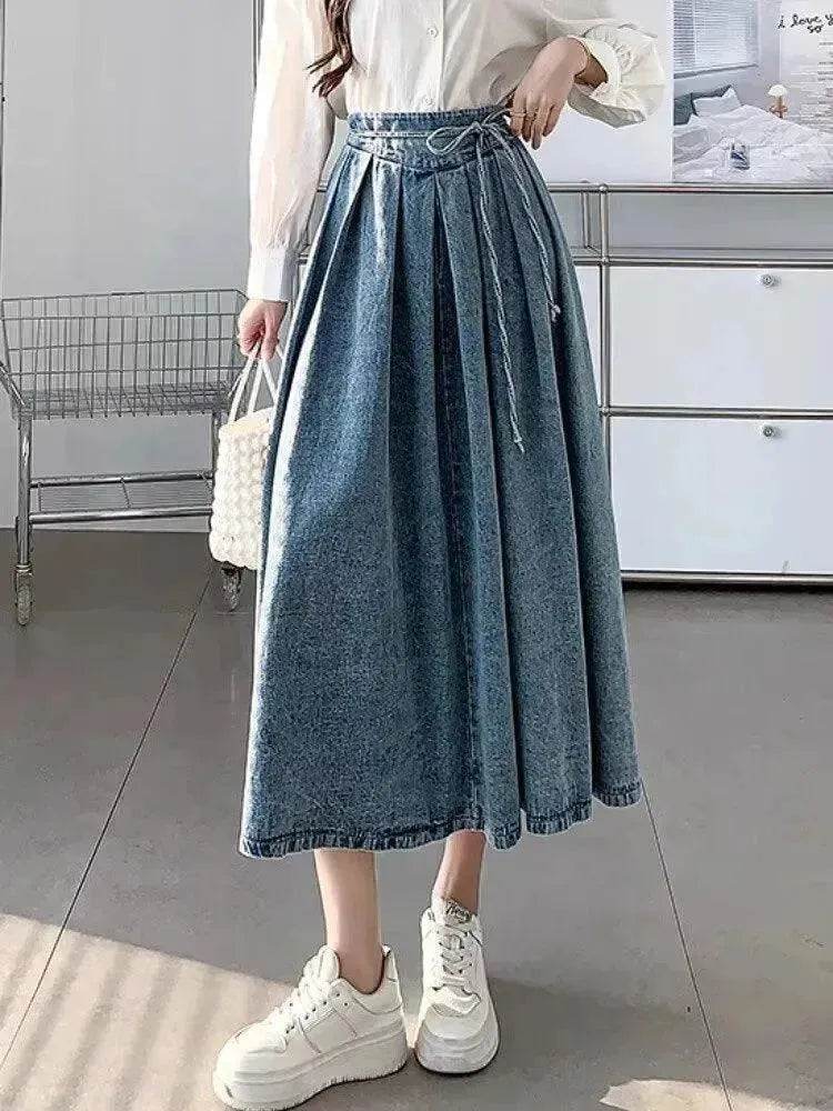 Women's Temperament High Waist Denim Pleated Mid-length Skirt - EX-STOCK Canada