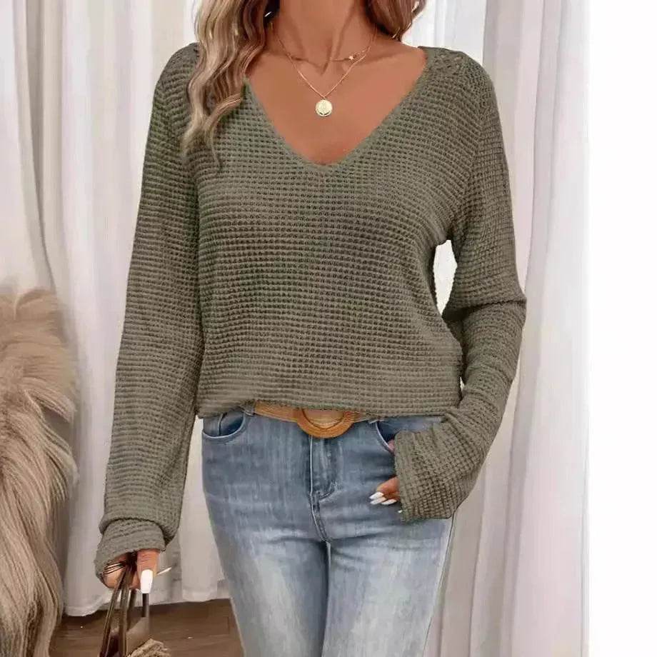 Women's V-neck Solid Color Fashion Knitted Blouse - EX-STOCK Canada