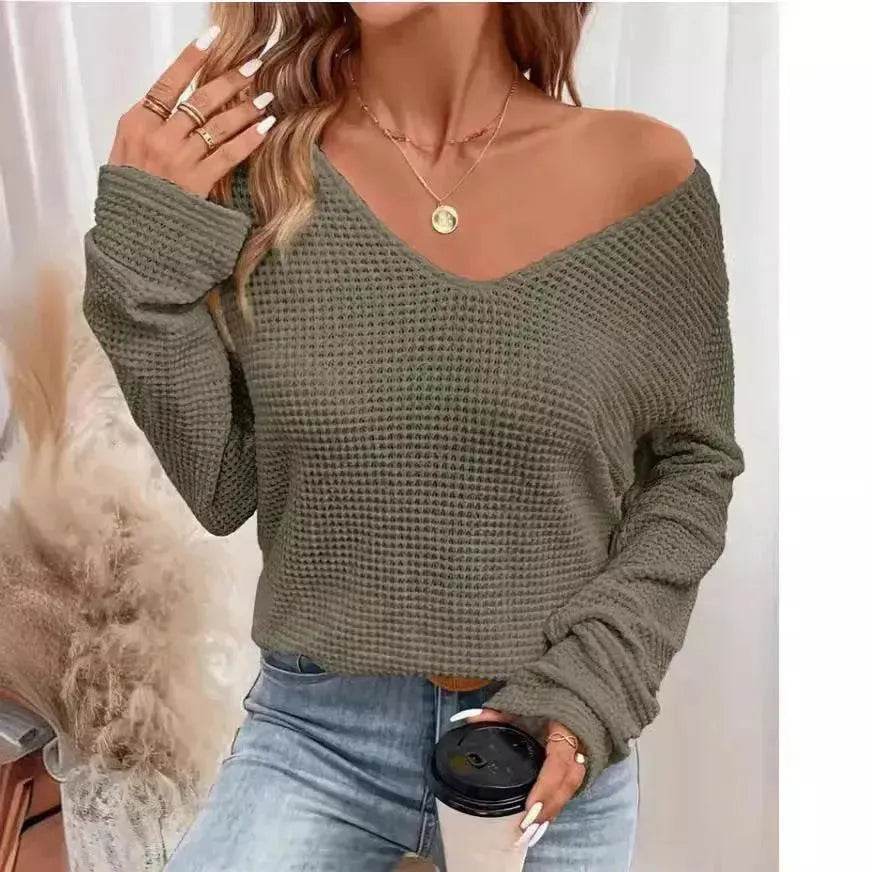 Women's V-neck Solid Color Fashion Knitted Blouse - EX-STOCK Canada