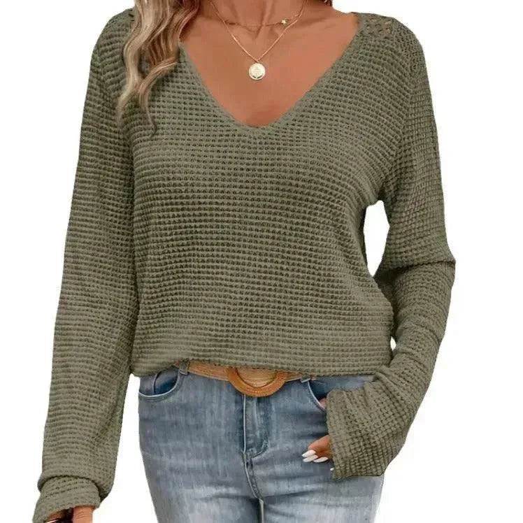 Women's V-neck Solid Color Fashion Knitted Blouse - EX-STOCK Canada