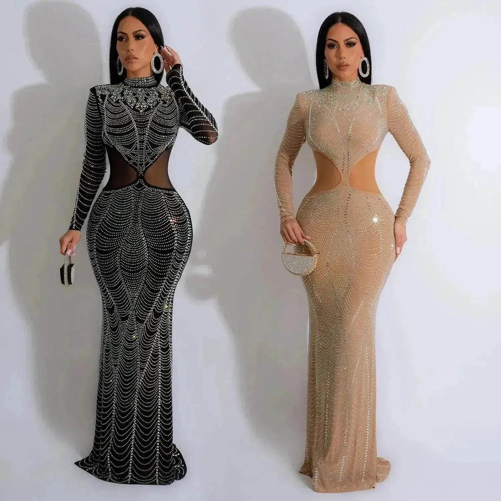 Women's Wear Pure Color Mesh Hot Drilling Dress - EX-STOCK Canada