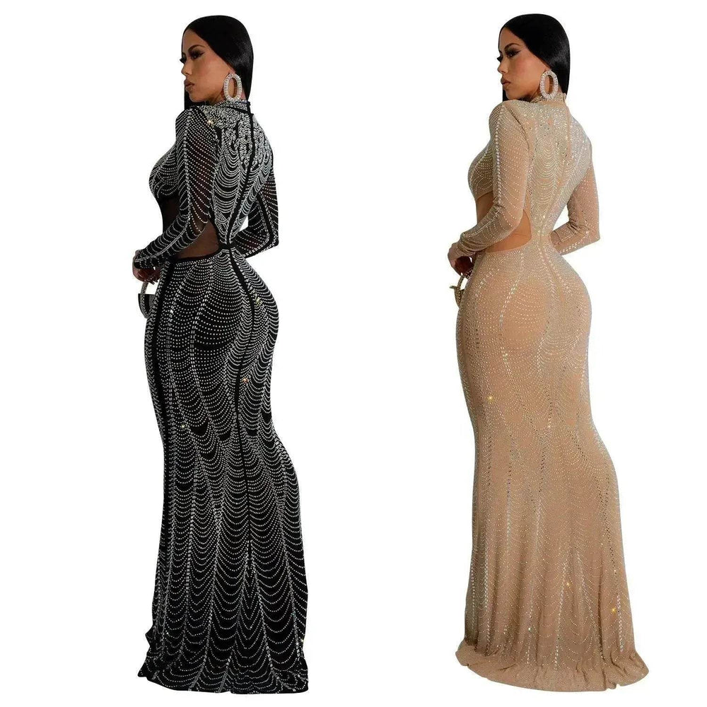 Women's Wear Pure Color Mesh Hot Drilling Dress - EX-STOCK Canada