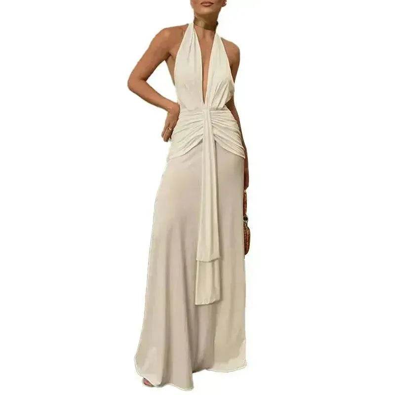 Women Summer Backless Sleeveless Hanging Neck Pleated White Dress - EX-STOCK Canada