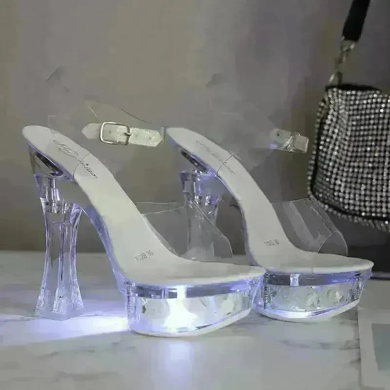 Womens Shiny Sandals Party Shoes Transparent Flowers High Heels - EX-STOCK CANADA