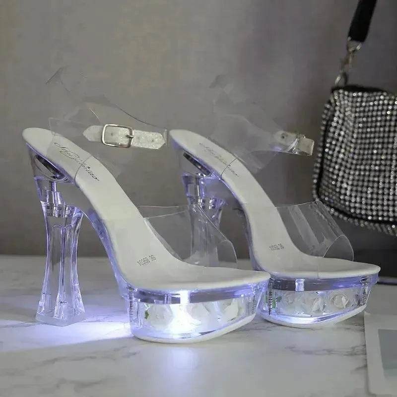 Womens Shiny Sandals Party Shoes Transparent Flowers High Heels - EX-STOCK Canada