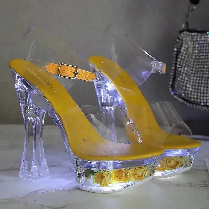 Womens Shiny Sandals Party Shoes Transparent Flowers High Heels - EX-STOCK Canada