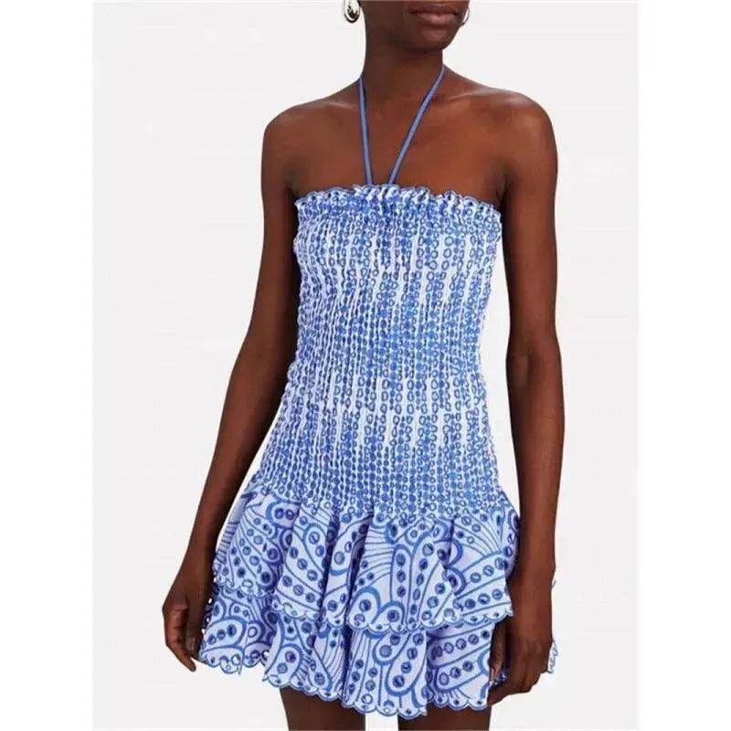 Wrapped Chest Embroidered Cotton Stretch Waist Shaping Ruffled Vacation Jumpsuit Skirt - EX-STOCK Canada