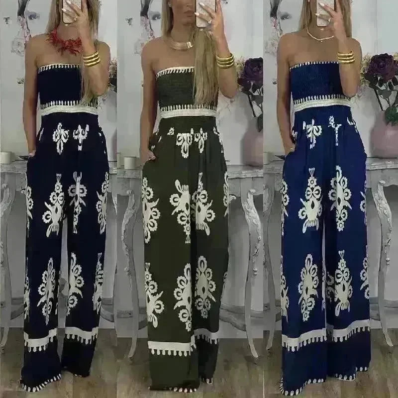Wrapped Chest Printed Jumpsuit, High Waisted Casual Pants For Women - EX-STOCK CANADA