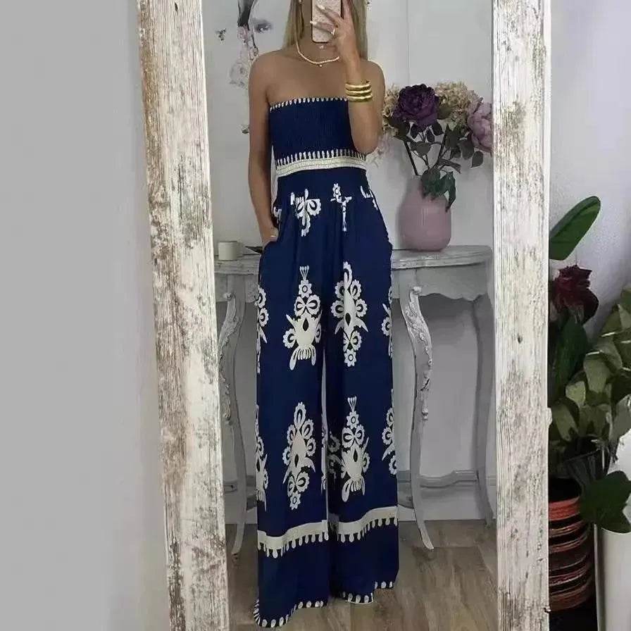 Wrapped Chest Printed Jumpsuit, High Waisted Casual Pants For Women - EX-STOCK Canada