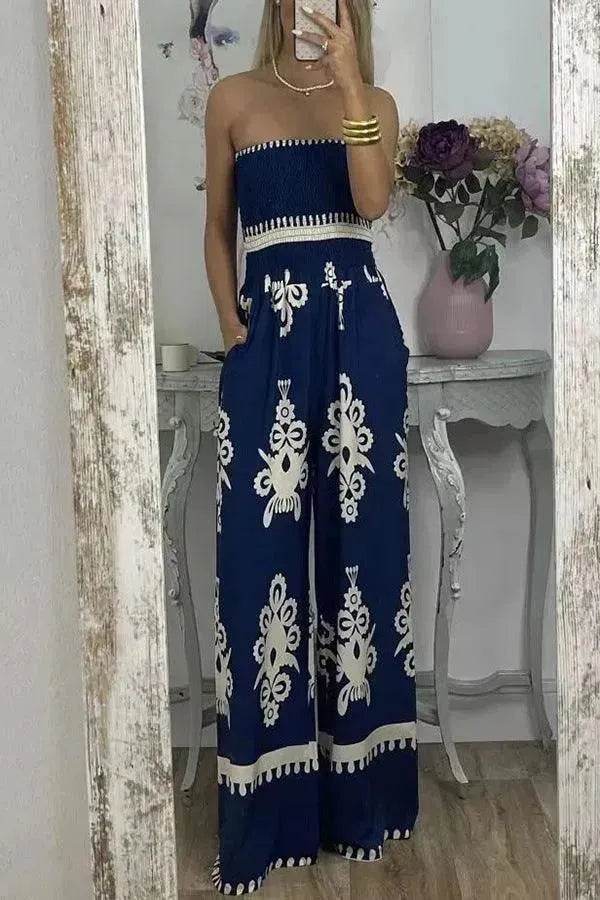 Wrapped Chest Printed Jumpsuit, High Waisted Casual Pants For Women - EX-STOCK Canada