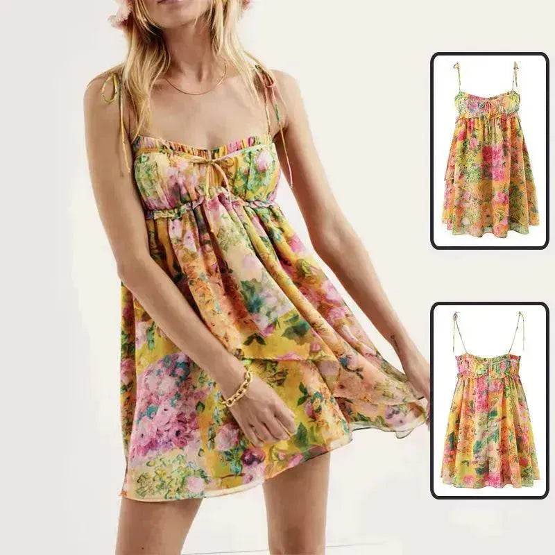 Y2K Flowers Print Suspender Dress Summer Fashion Ruffled Holiday Beach Short Dresses Womens Clothing - EX-STOCK Canada
