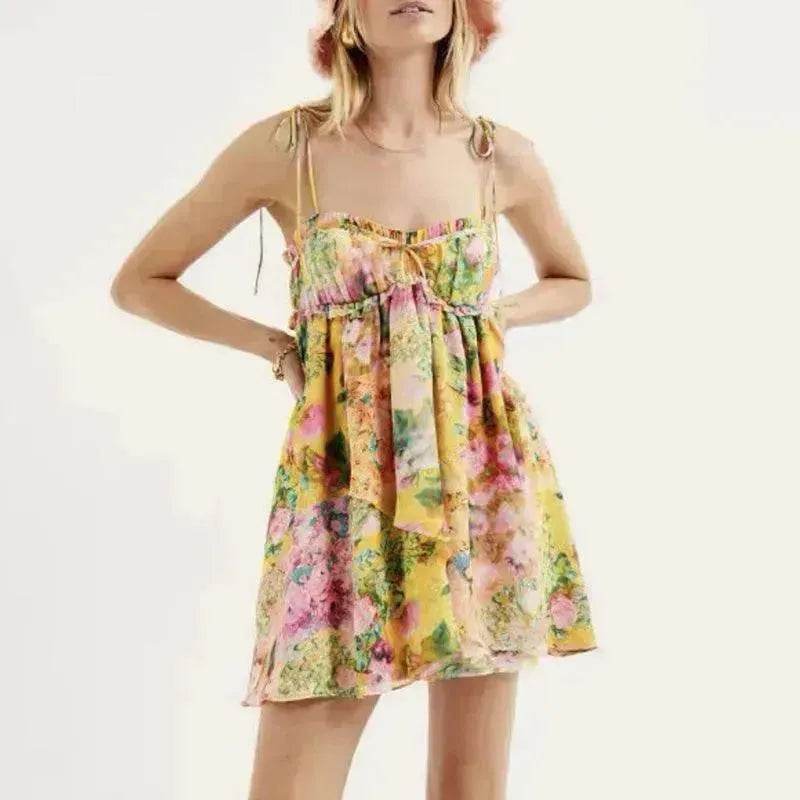 Y2K Flowers Print Suspender Dress Summer Fashion Ruffled Holiday Beach Short Dresses Womens Clothing - EX-STOCK Canada