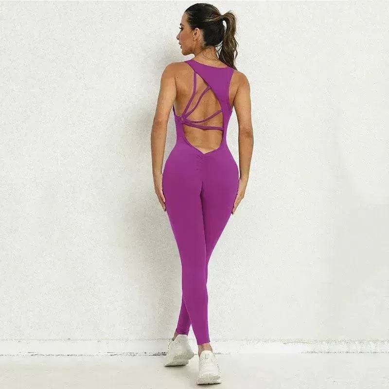 Yoga Jumpsuit V-shaped Back Design Sleeveless Fitness Running Sportswear Stretch Tights Pants For Womens Clothing - EX-STOCK Canada