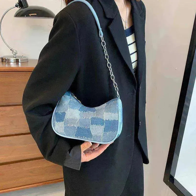 Borsa da donna in spalla con tasca a patchwork a quadri semplice in denim - EX-STOCK Canada