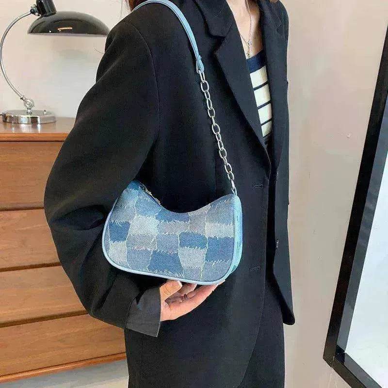 Denim Shoulder Simple Plaid Patchwork Underarm Women Bag - EX-STOCK Canada