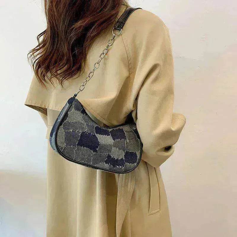 Denim Shoulder Simple Plaid Patchwork Underarm Women Bag - EX-STOCK Canada