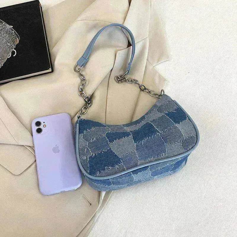 Denim Shoulder Simple Plaid Patchwork Underarm Women Bag - EX-STOCK Canada