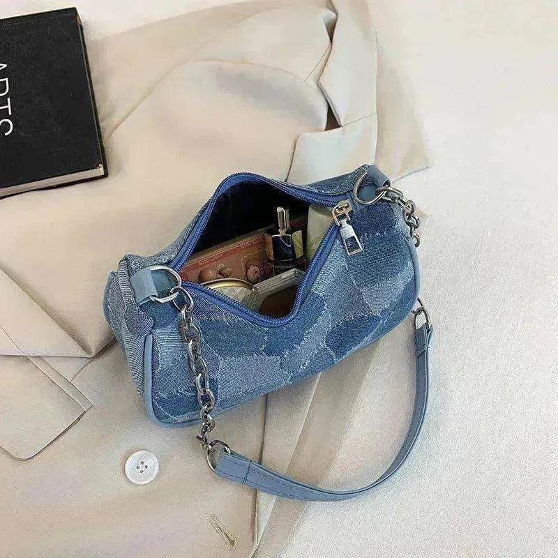 Denim Shoulder Simple Plaid Patchwork Underarm Women Bag - EX-STOCK Canada