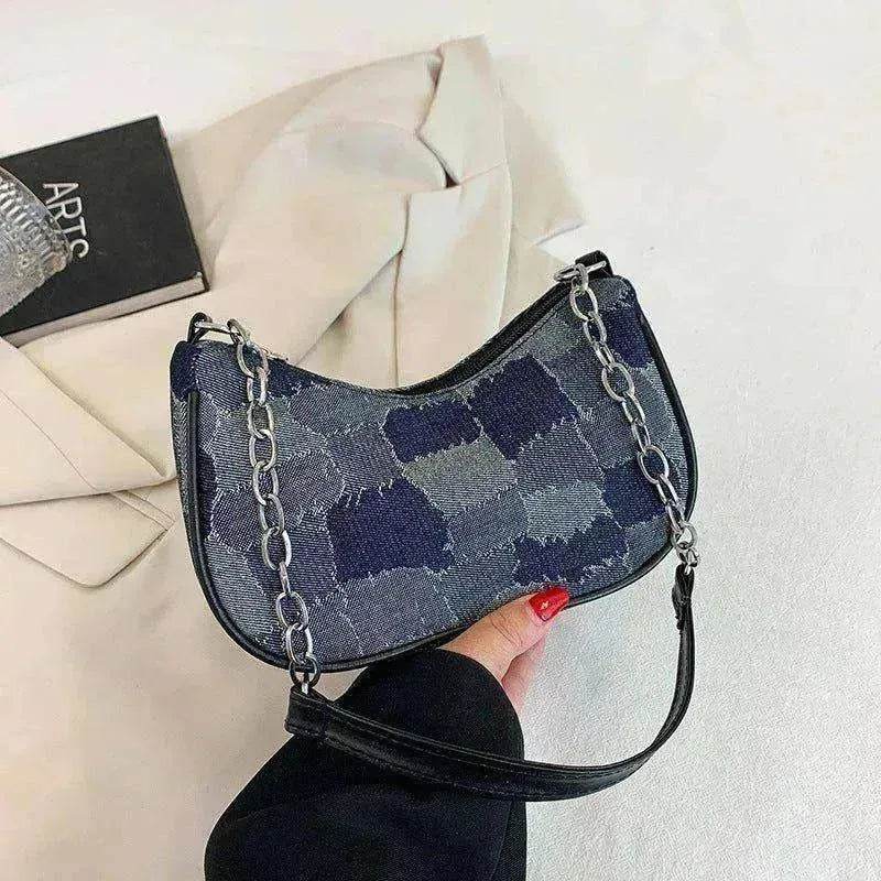 Denim Shoulder Simple Plaid Patchwork Underarm Women Bag - EX-STOCK Canada