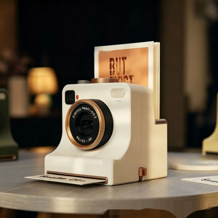 White camera-shaped latte art stencil tool with a coffee-themed stencil card