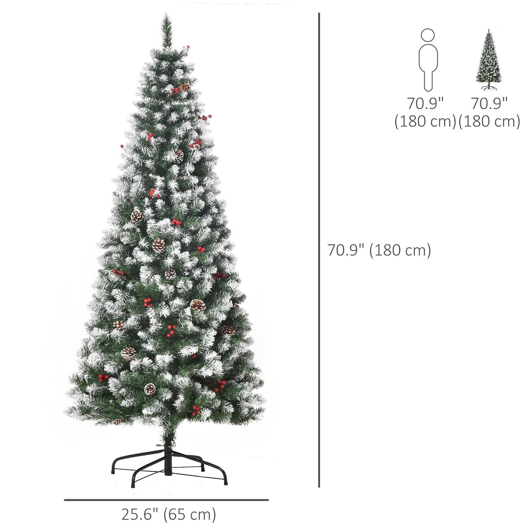 6ft Decorated Christmas Tree With Red Berries And Pine Cones, Flocked Christmas Tree With Pencil Shape, Green EX-STOCK Canada 