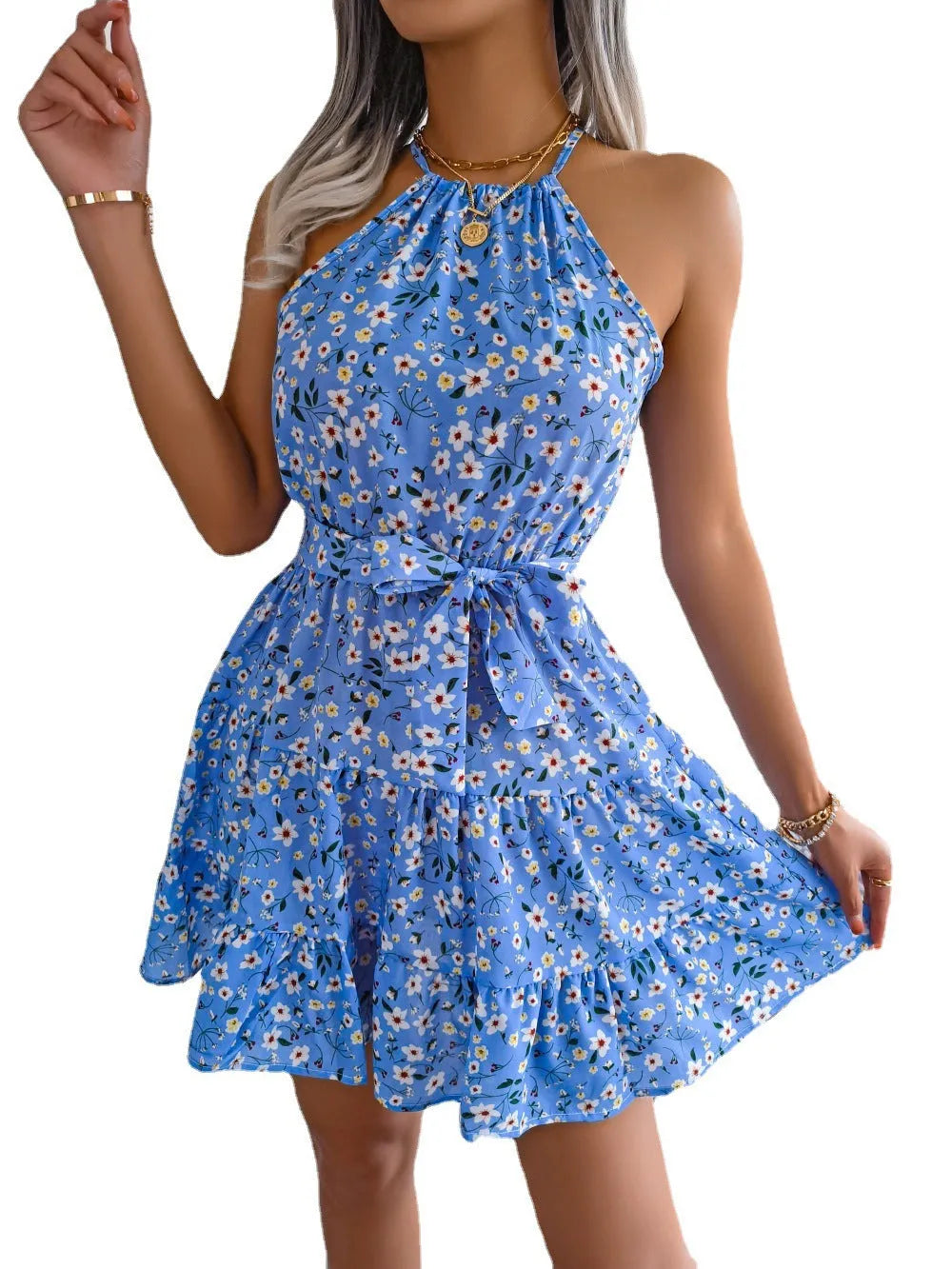 Frühlings Sommer Europäischer und amerikanischer Mini -Krawattengürtel Sommer Sunddress Blumenhalter Halskleid